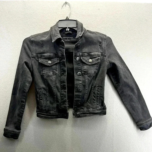 Aeropostale black denim croppedd jacket key w pockets distressed, button front - Picture 1 of 8